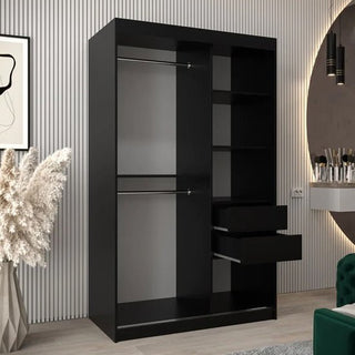 Tavira II black sliding wardrobe with one mirrored door, two hanging rails, and visible drawers.