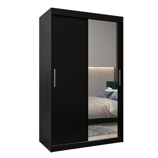 Tavira II 120cm black sliding wardrobe with one mirrored door.