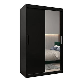 Tavira II 120cm black sliding wardrobe with one mirrored door.