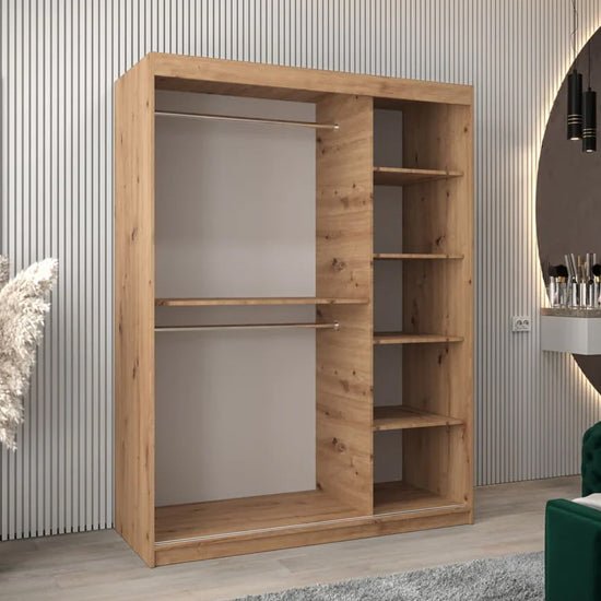 TAVIRA II wardrobe with 2 sliding doors in Artisan Oak, shown with doors open revealing internal shelves and hanging rails.