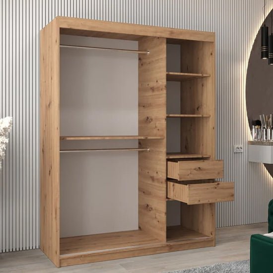 Tavira II Artisan Oak wardrobe with 2 sliding doors, open shelves, and two visible drawers.