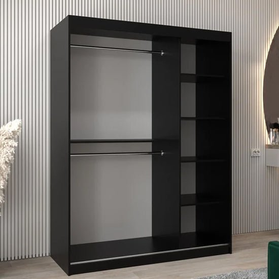 Black 150cm sliding wardrobe with mirrored door, showing two hanging rails and five shelves internally.