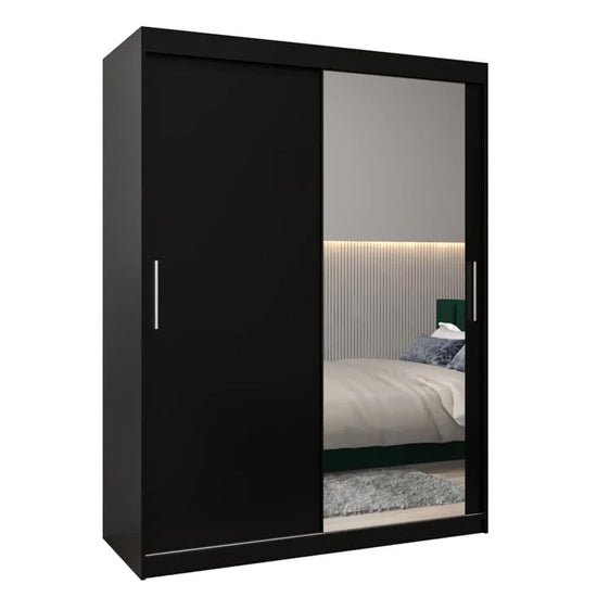 Tavira II 150cm black sliding wardrobe with one mirrored door reflecting a bedroom interior.