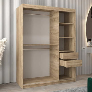 The Tavira II Mirrored Wardrobe (150cm, Sonoma Oak) features two sliding doors, with two hanging rods on the left, four open shelves, and two open drawers on the right. Placed against a vertically-lined wall.