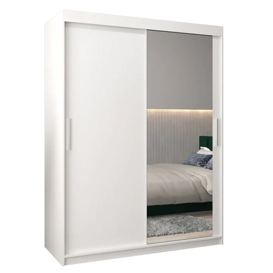 Tavira II white wardrobe with 2 sliding doors, one featuring a full mirrored panel.