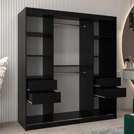 Tavira II black sliding wardrobe with mirrored door, showing hanging rails, shelves, and four drawers.
