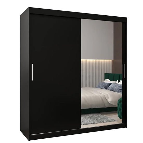 Black 180cm sliding door wardrobe with one mirrored door.