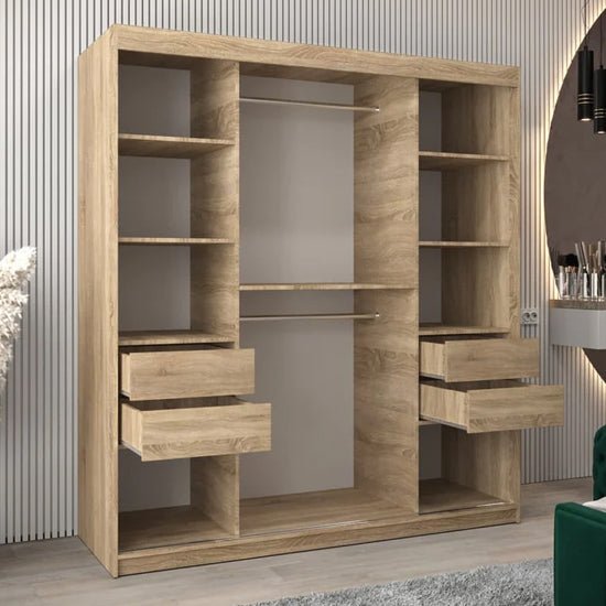 Tavira II 180cm Sonoma Oak sliding door wardrobe with mirrored panel and internal shelves and drawers.