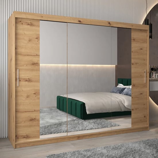 Tavira II 3 door sliding mirrored wardrobe in Artisan Oak finish