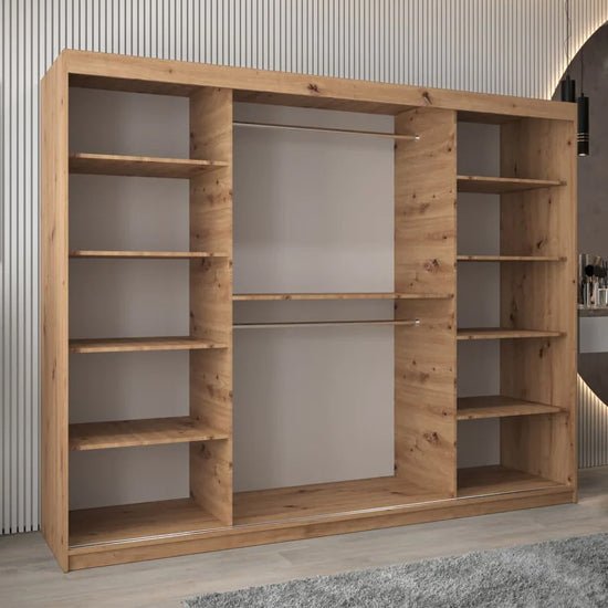 3 door sliding wardrobe in Artisan Oak with mirrored doors, internal shelves and hanging rails