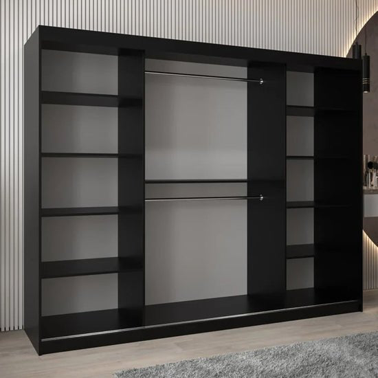 Tavira II 250cm Black 3 Sliding Mirrored Doors Wardrobe
