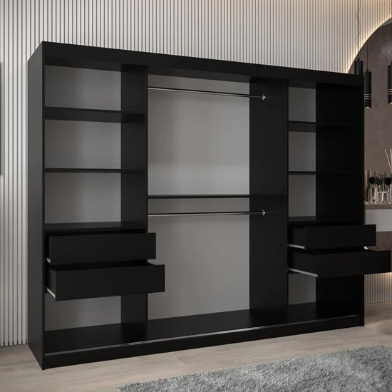 Tavira II 250cm black wardrobe with 3 sliding mirrored doors and visible interior shelves and drawers.