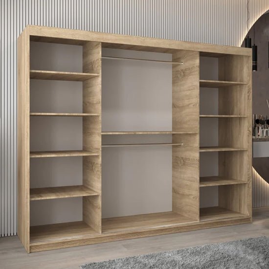 Sonoma Oak 250cm sliding door wardrobe with mirrored front and internal shelves