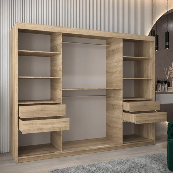 CHOICEWARDROBE Tavira II 250cm Sonoma Oak sliding wardrobe with mirrored door, shelves & 2 drawers.