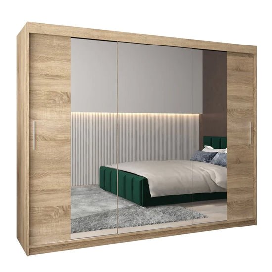 CHOICEWARDROBE Tavira II 250cm Sonoma Oak 3-door sliding wardrobe with mirrored panels.