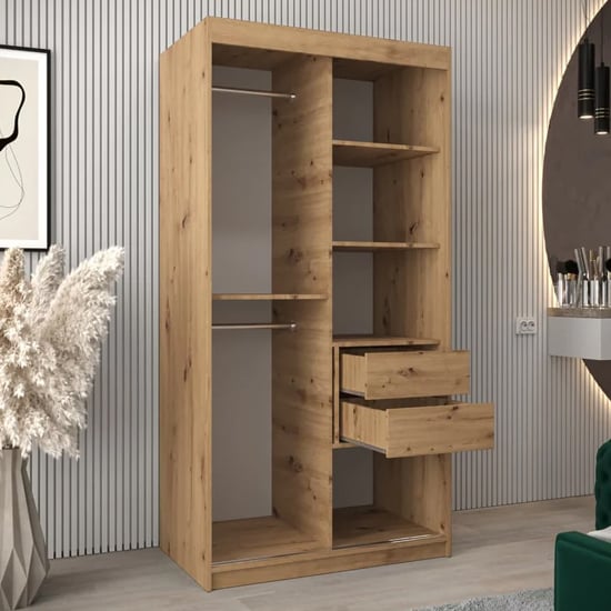 100cm wide artisan oak sliding door wardrobe with mirrored panel and open shelving
