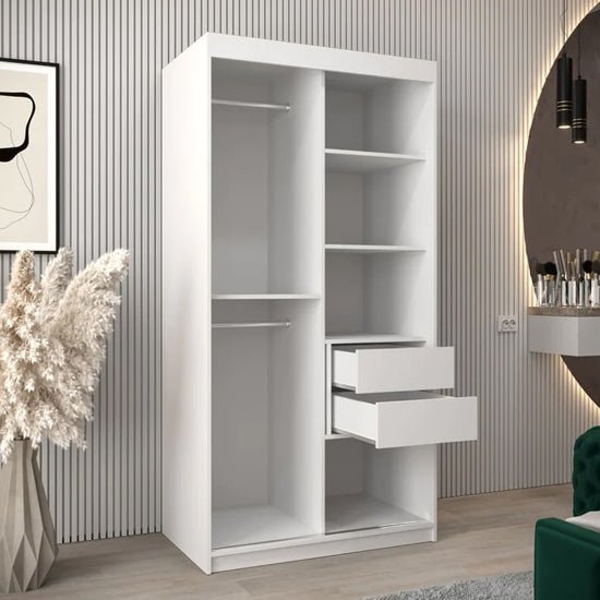 White 100cm sliding door wardrobe with mirrored doors, two drawers, shelves and hanging rails.