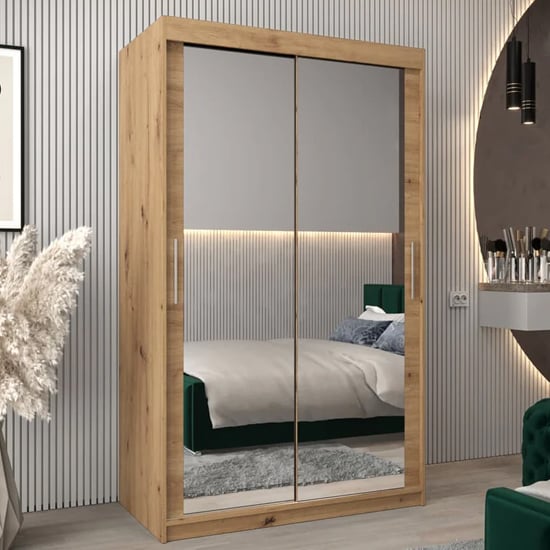 Tavira III 120cm artisan oak sliding wardrobe with mirrored doors