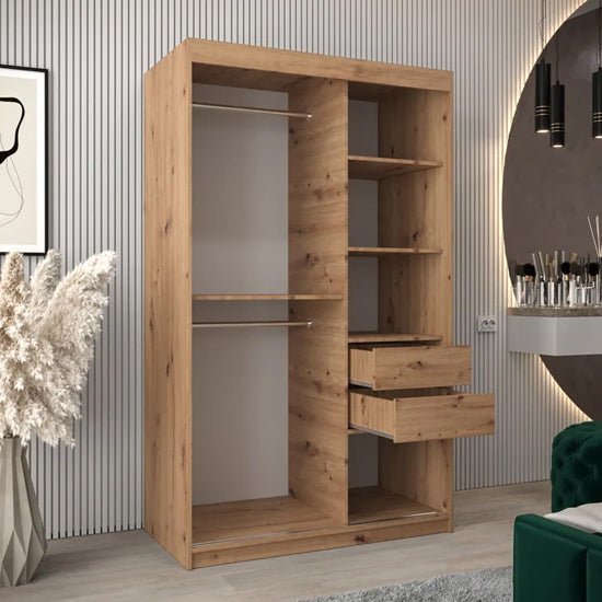 Tavira III 120cm artisan oak sliding door wardrobe with mirrored doors and internal shelves/rails