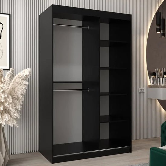 Black mirrored wardrobe with 2 sliding doors, featuring hanging rails and shelves. Modern design.