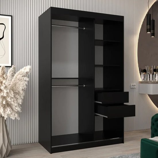 Tavira III 120cm black wardrobe interior shown with optional drawers sold separately