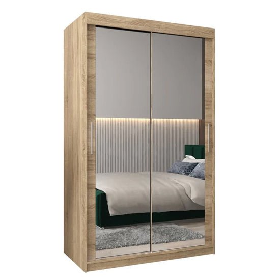 Tavira III 120cm Sonoma Oak wardrobe with 2 mirrored sliding doors and silver handles