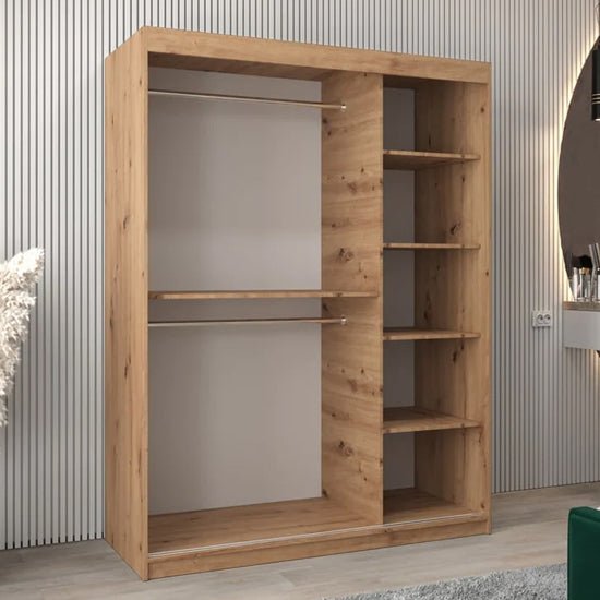 Tavira III 150cm sliding wardrobe in artisan oak with mirrored doors, internal shelves and hanging rails.