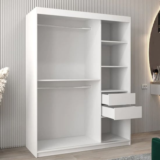 TAVIRA III 2 Sliding Door White Mirrored Wardrobe with open drawers