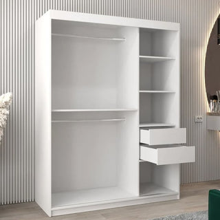 The Tavira III Mirrored Wardrobe with 2 sliding doors (150cm, white) features two left hanging rods, four right shelves, and two open drawers, and stands against a vertically-lined wall on a light wood floor.