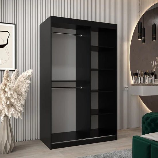 Black 120cm sliding door wardrobe with two hanging rails and five shelves visible.