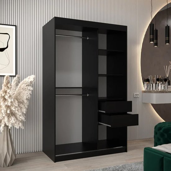 TAVIRA WOODEN WARDROBE 120cm black sliding door wardrobe with internal hanging rails and shelves.