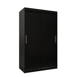 The Tavira Wooden Wardrobe 2 Sliding Doors 120cm in Black features sleek silver handles and stands upright against a white background.