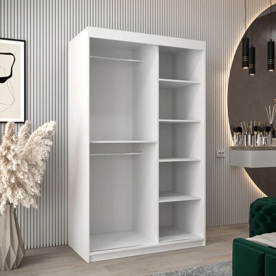 White 120cm sliding wardrobe open to show two hanging rails and five shelves inside.