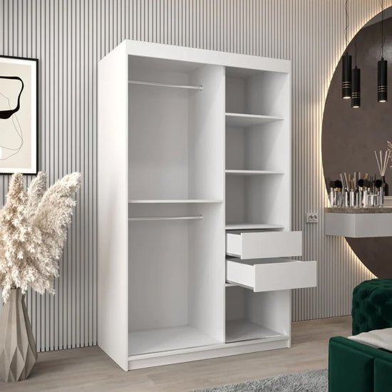 White Tavira 120cm 2-door sliding wardrobe, open with shelves and hanging rails.