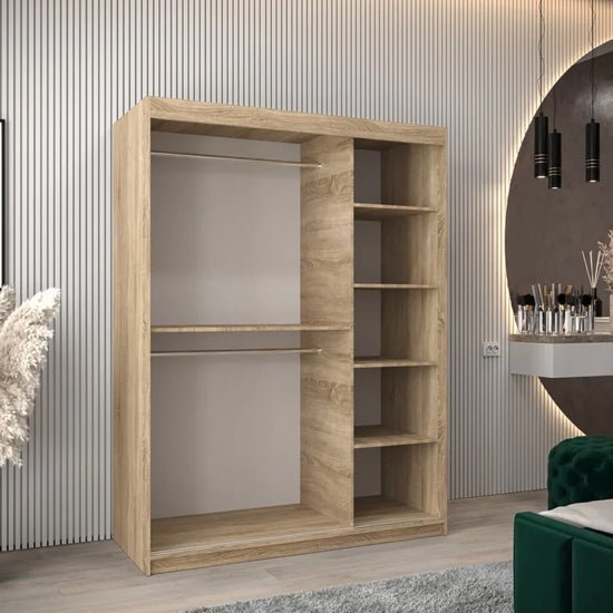 Tavira 150cm Sonoma Oak sliding wardrobe with two hanging rails and five open shelves.