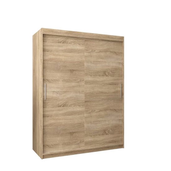 Tavira 2-door sliding wardrobe in Sonoma Oak with silver handles on white background.