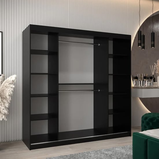 200cm black sliding door wardrobe with visible shelves and hanging rails.