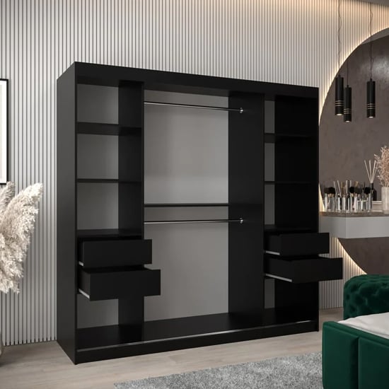 Black 200cm sliding door wardrobe with shelves and hanging rails