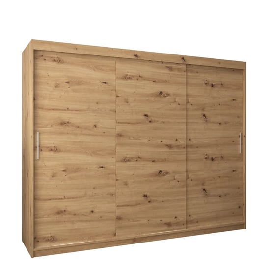 Tavira 250cm artisan oak wardrobe with 3 sliding doors and silver handles.