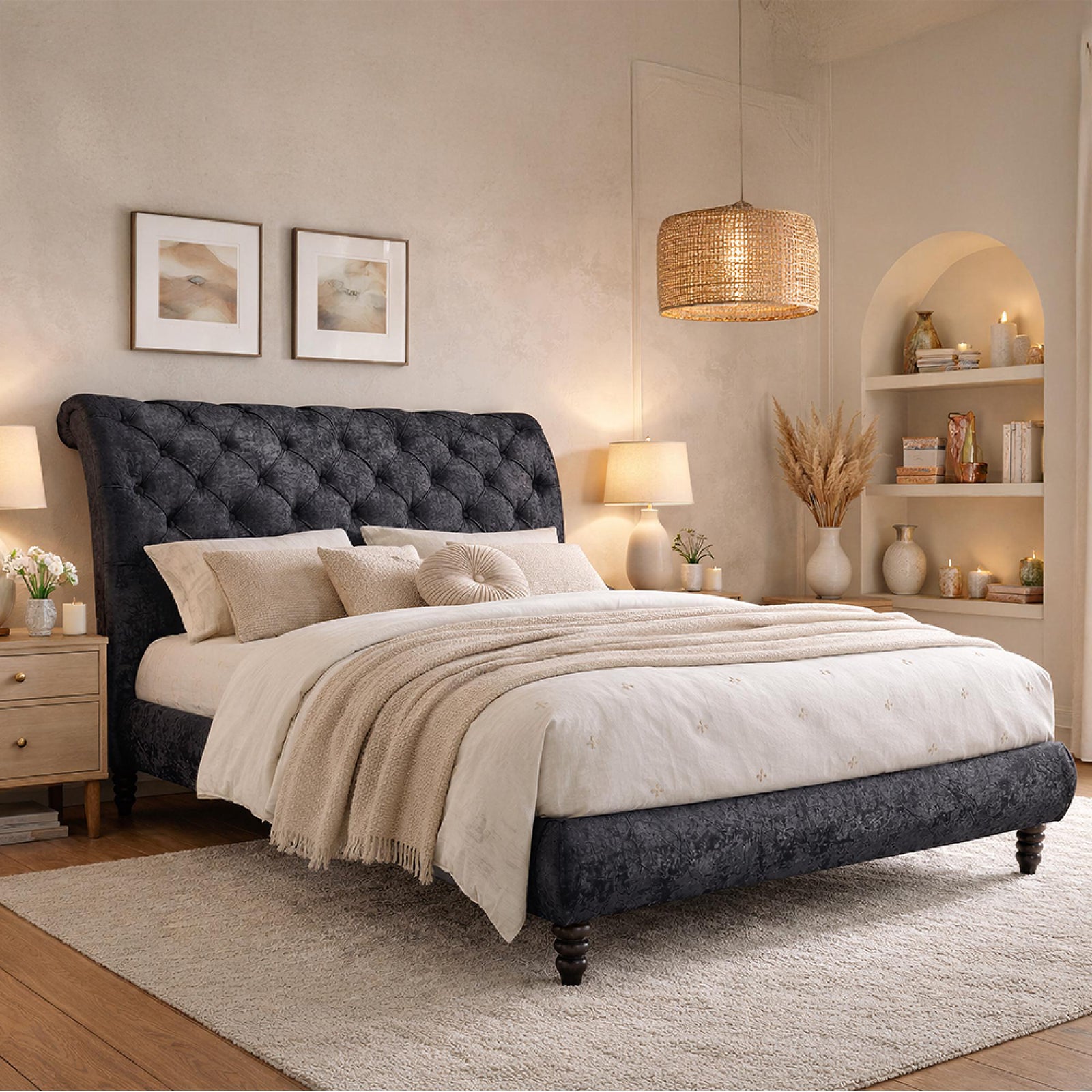 Time Living Venice Crushed Velvet Bed – Black