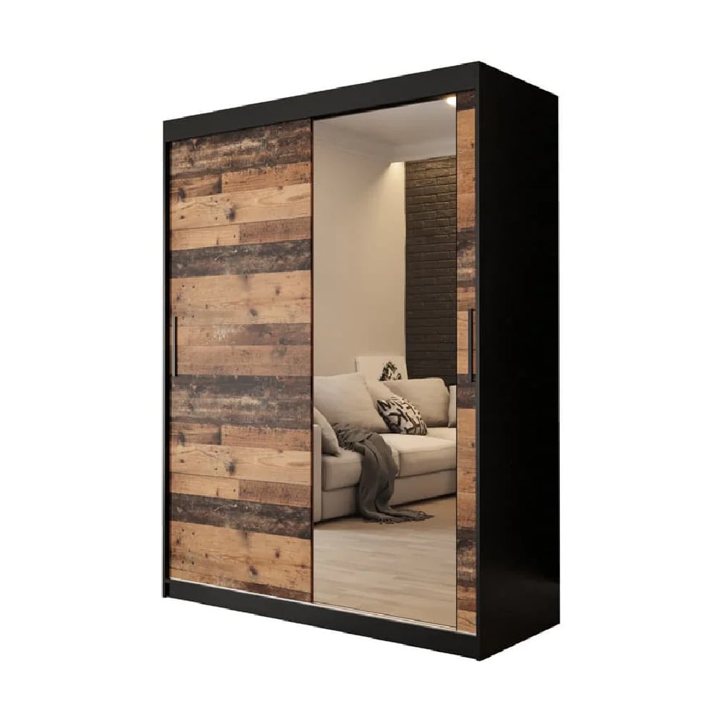 Wardrobe with sliding doors, mirrored panel, and rustic wood effect in dark oak and black.