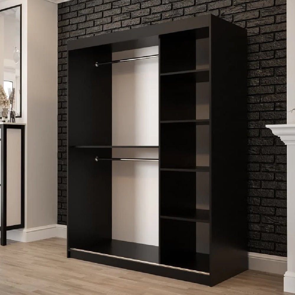 TOPEKA 150cm sliding door wardrobe in dark oak with mirrored panel and internal shelves/rails.
