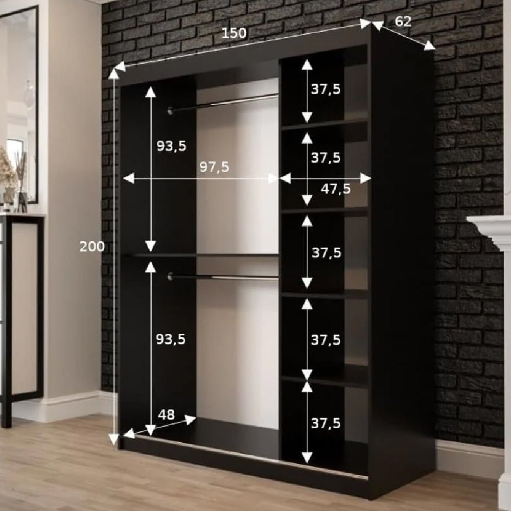 Topeka 150cm dark oak sliding door wardrobe with mirrored panel and 200cm height.