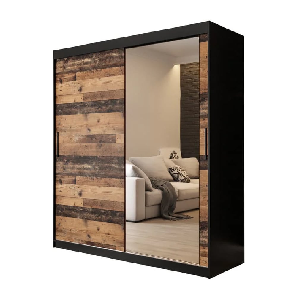 CHOICEWARDROBE Topeka 180cm dark oak wardrobe with 2 sliding doors, one mirrored.
