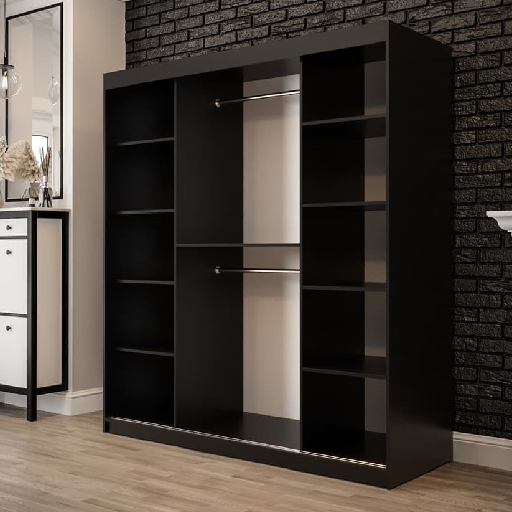 CHOICEWARDROBE Topeka I 180cm dark oak sliding door wardrobe with mirrored panel and internal shelves/rails.