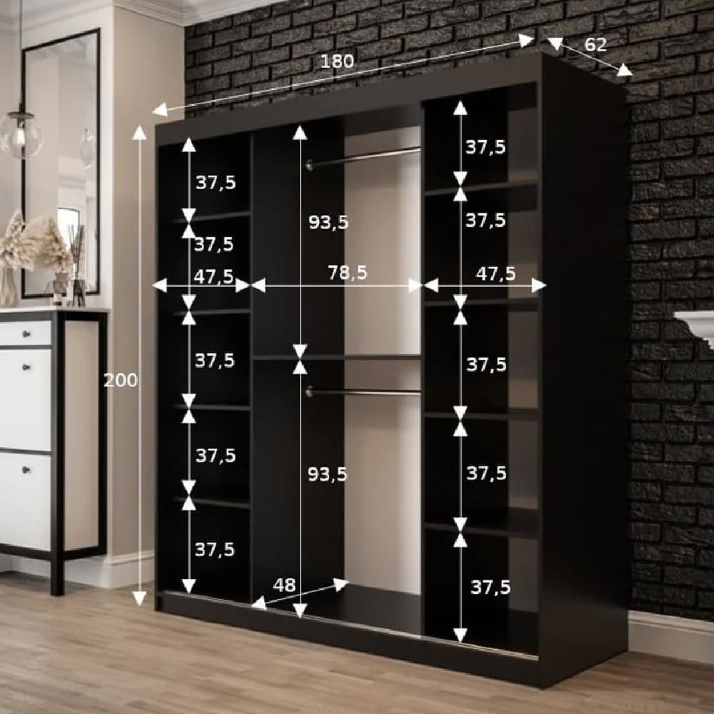 180cm dark oak wardrobe with two sliding doors, one mirrored.