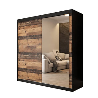 The Topeka 1 Mirrored 200cm Wardrobe with 2 sliding doors in dark oak features a full-length mirror and spacious storage, perfect for reflecting your living room décor such as a white couch with decorative pillows.