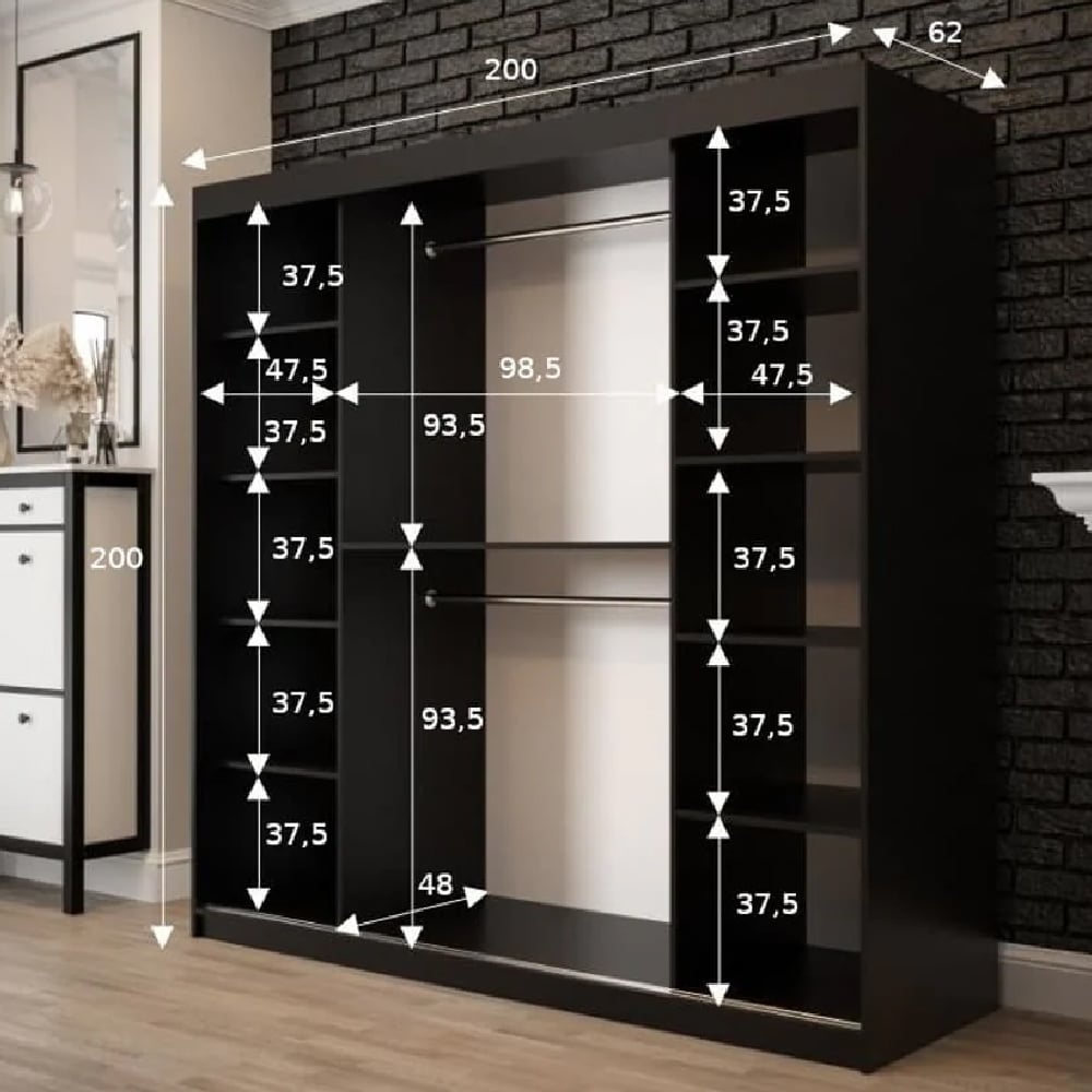 Topeka 1 Mirrored 200cm sliding wardrobe dimensions diagram showing internal layout, shelf and rail heights, and width measurements.