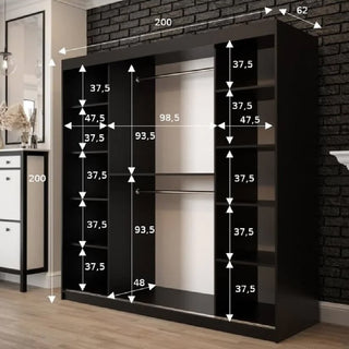 Topeka 1 Mirrored 200cm sliding wardrobe dimensions diagram showing internal layout, shelf and rail heights, and width measurements.
