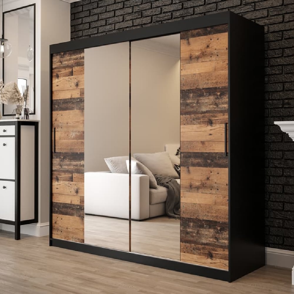 Topeka 200cm sliding door wardrobe in dark oak with mirrored panels.